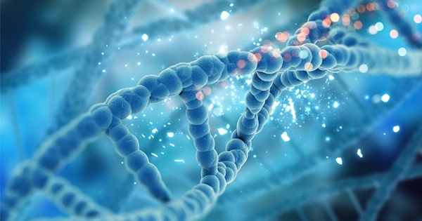 A stylized, three-dimensional illustration of a DNA double helix in a glowing blue hue.