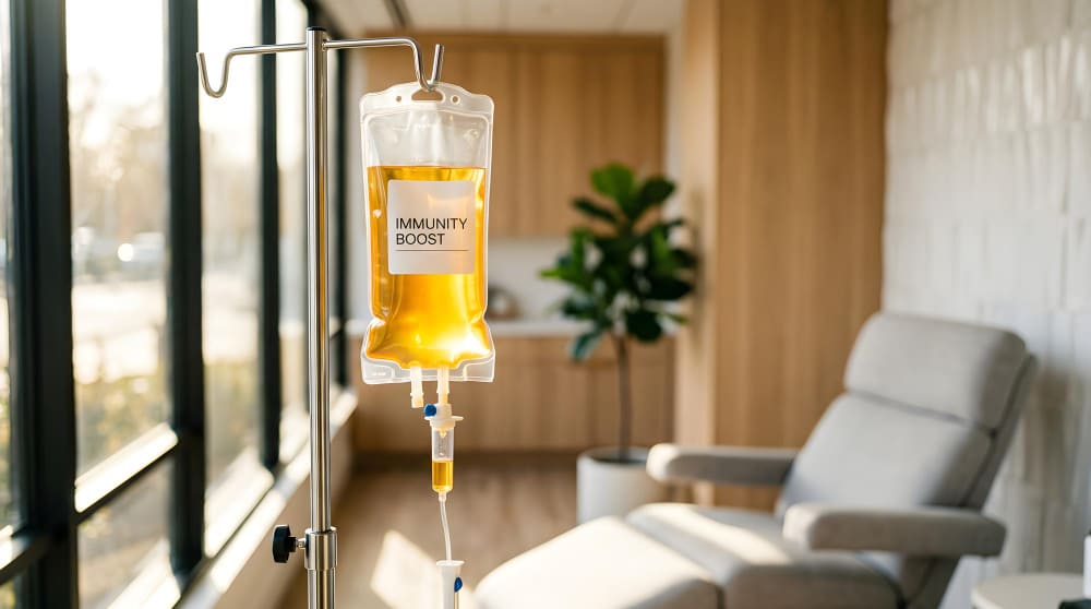 Iv drip bag with immunity boost solution in a modern wellness clinic