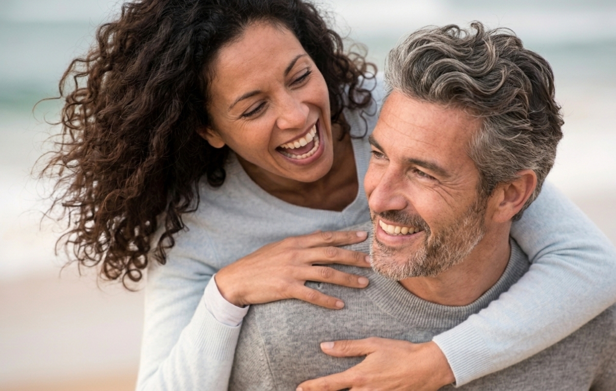A happy, smiling middle-aged woman with a grey-haired man