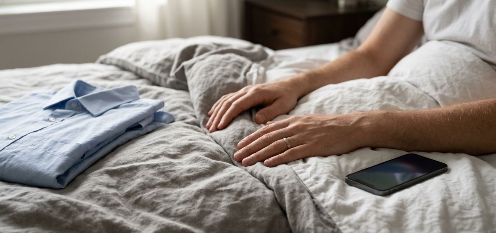 A close-up view of a man sitting up in bed